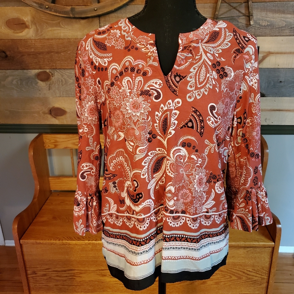 Ann Taylor Factory Paisley Flounce Sleeve Top - Picture 2 of 7